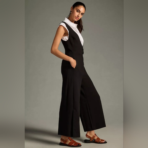 Anthropologie Maeve V-Neck Pinafore Wide-Leg Jumpsuit Black Size 10 - Picture 2 of 7